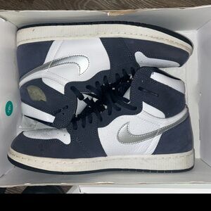 Nike High-Top Sneakers in White, Dark Blue, and Silver